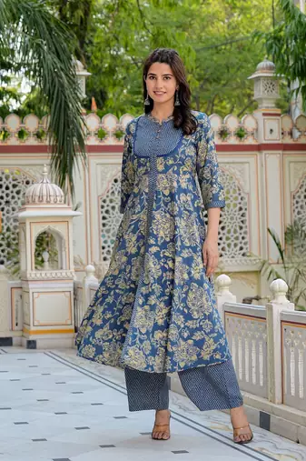  women's floral printed anarkali kurta with zig-zag printed pant & dupatta (blue)