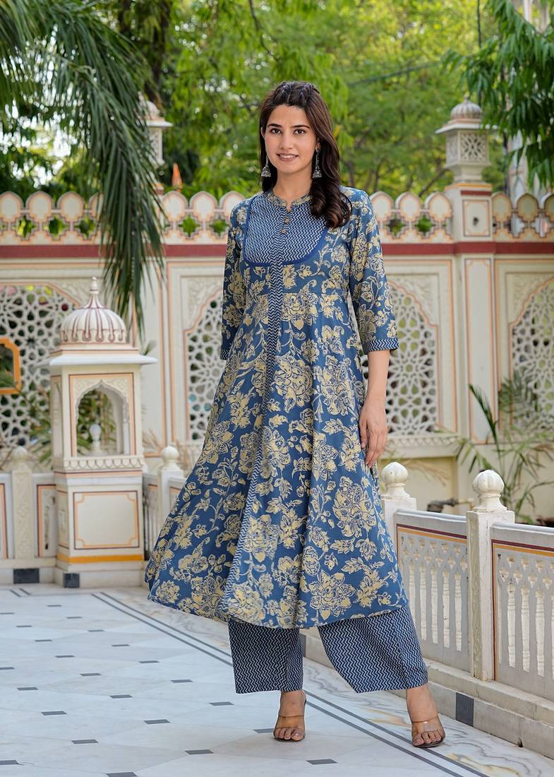 Yash gallery women's floral printed anarkali kurta with zig-zag printed pant & dupatta (blue)