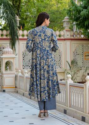  women's floral printed anarkali kurta with zig-zag printed pant & dupatta (blue) 4