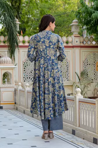  women's floral printed anarkali kurta with zig-zag printed pant & dupatta (blue)