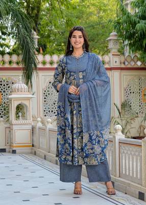 women's floral printed anarkali kurta with zig-zag printed pant & dupatta (blue) 1