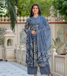  women's floral printed anarkali kurta with zig-zag printed pant & dupatta (blue)