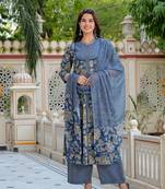 Yash gallery women's floral printed anarkali kurta with zig-zag printed pant & dupatta (blue)