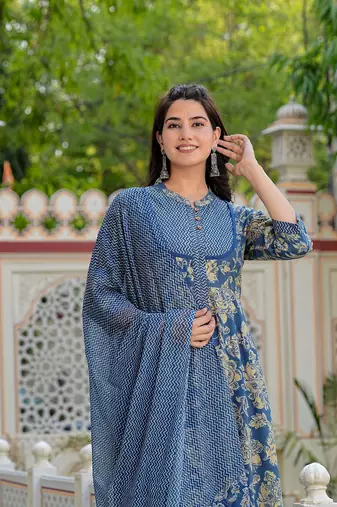  women's floral printed anarkali kurta with zig-zag printed pant & dupatta (blue)