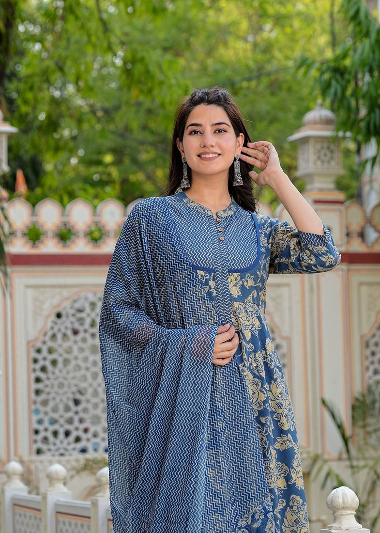 Yash gallery women's floral printed anarkali kurta with zig-zag printed pant & dupatta (blue)