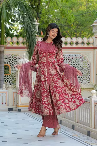  women's floral printed anarkali kurta with zig-zag printed pant & dupatta (maroon)