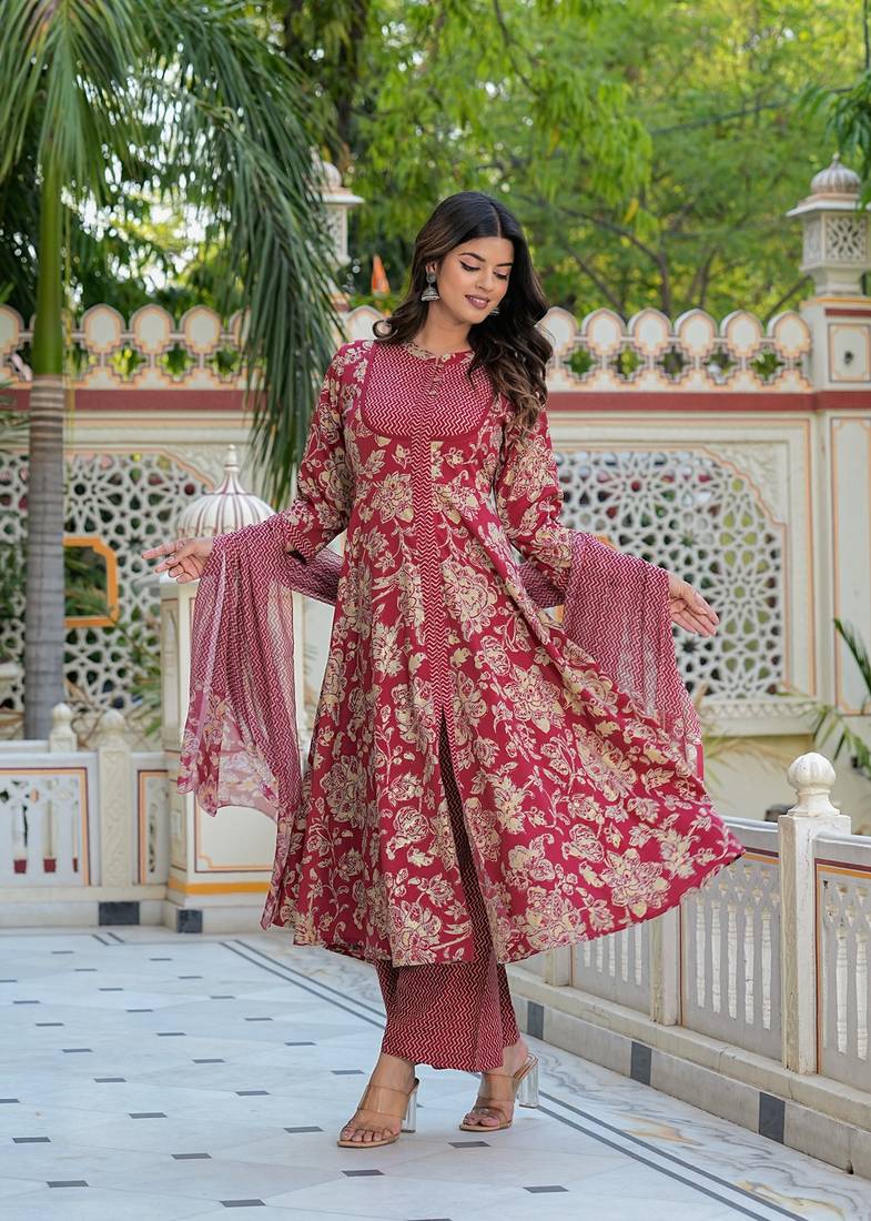 Yash gallery women's floral printed anarkali kurta with zig-zag printed pant & dupatta (maroon)