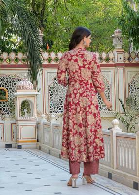  women's floral printed anarkali kurta with zig-zag printed pant & dupatta (maroon) 1