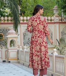  women's floral printed anarkali kurta with zig-zag printed pant & dupatta (maroon)