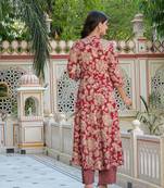 Yash gallery women's floral printed anarkali kurta with zig-zag printed pant & dupatta (maroon)