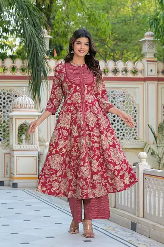  women's floral printed anarkali kurta with zig-zag printed pant & dupatta (maroon)