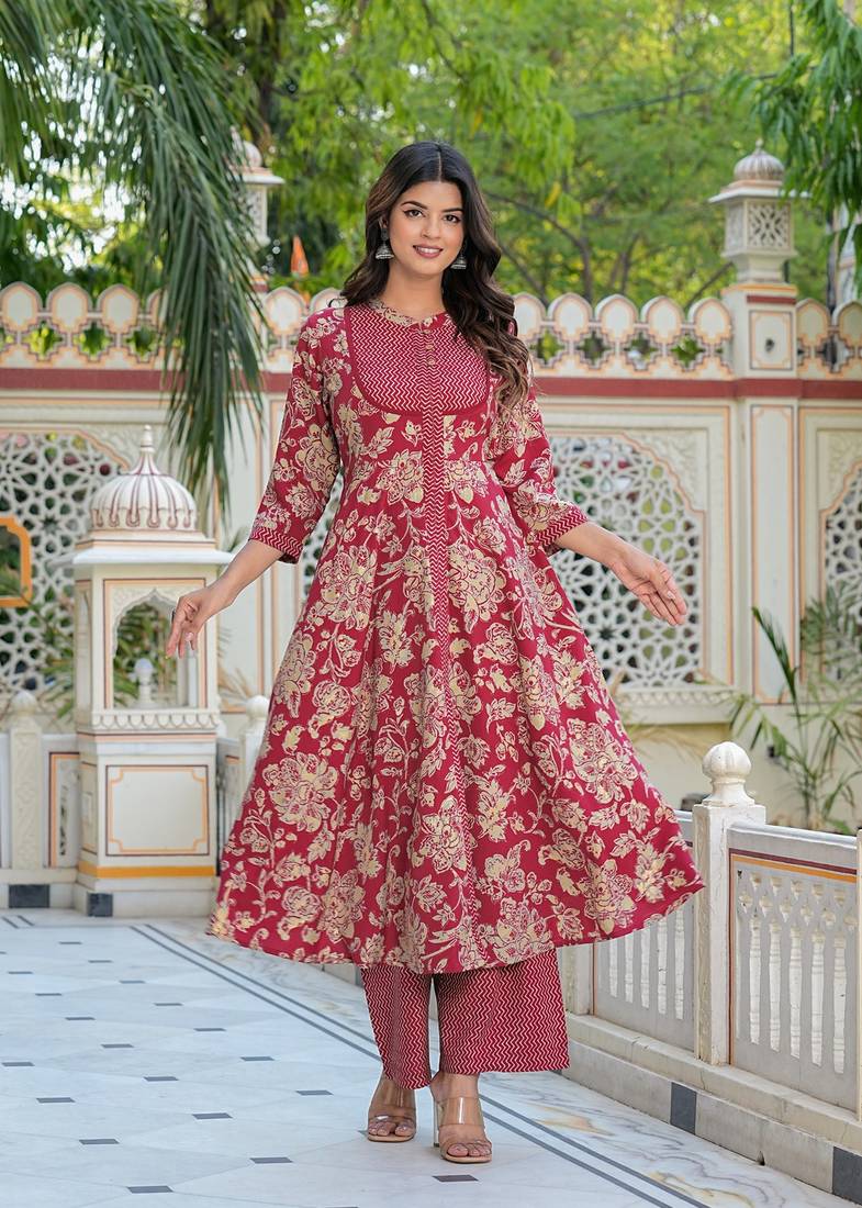 Yash gallery women's floral printed anarkali kurta with zig-zag printed pant & dupatta (maroon)