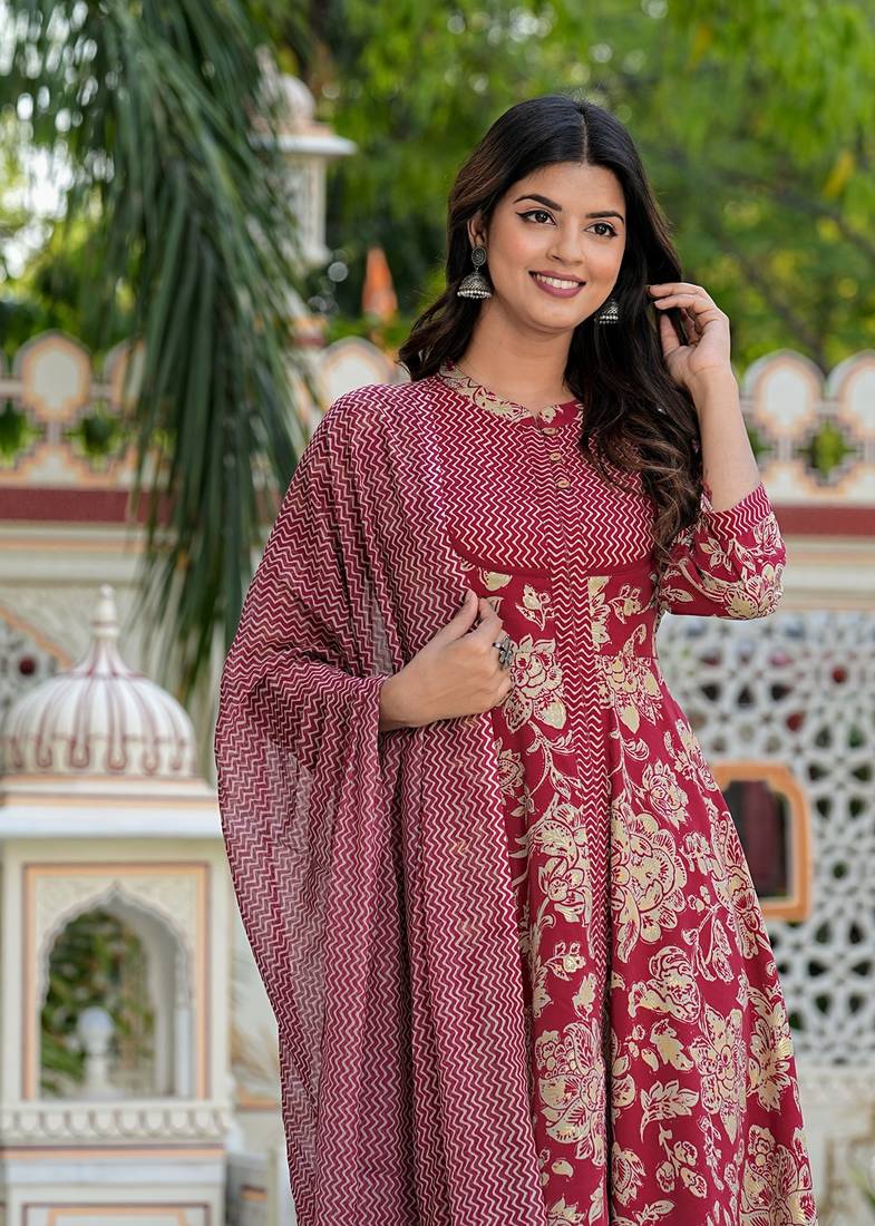 Yash gallery women's floral printed anarkali kurta with zig-zag printed pant & dupatta (maroon)