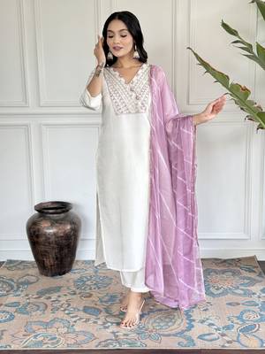 Women's Chanderi Viscose Embroidered Straight Kurta with Pant And Dupatta Set 1