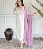 Women's Chanderi Viscose Embroidered Straight Kurta with Pant And Dupatta Set