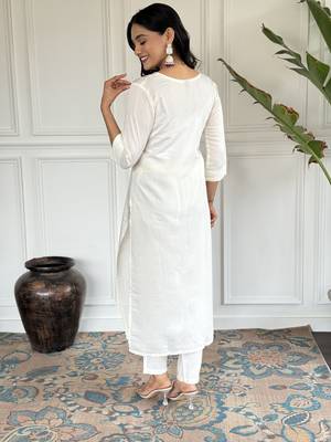Women's Chanderi Viscose Embroidered Straight Kurta with Pant And Dupatta Set 2