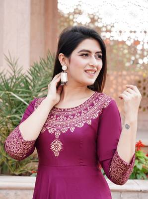 Purple gold printed anarkali kurta with dupatta set 4