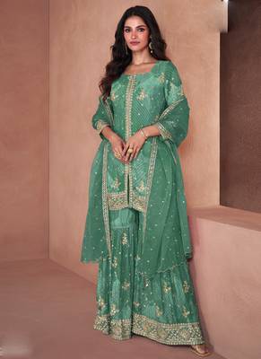 Light green faux georgette digital print Palazzo suit 1