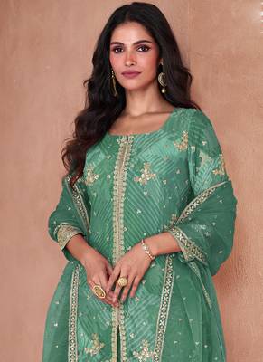 Light green faux georgette digital print Palazzo suit 2