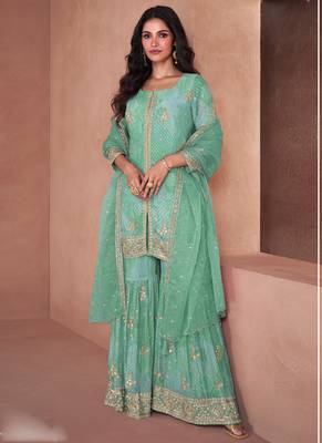 Bottel green faux georgette digital print Palazzo suit 1