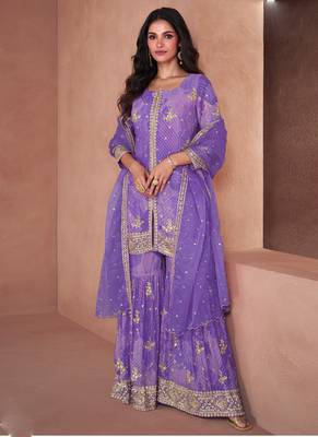 Lavender faux georgette digital print Palazzo suit 1