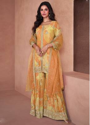 Yellow faux georgette digital print Palazzo suit 1