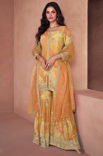 Yellow faux georgette digital print plazzo suit