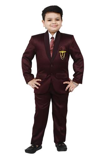 Boys 4 piece satin coat suit set - maroon