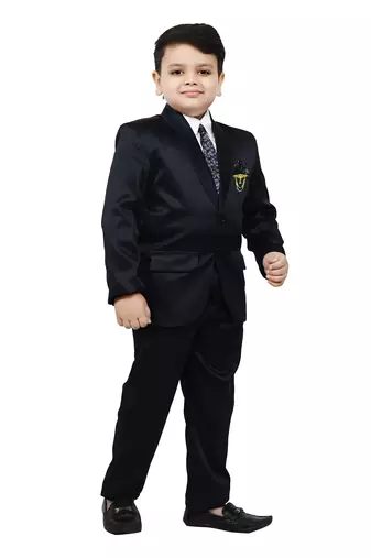 Boys 4 piece satin coat suit set - navy blue