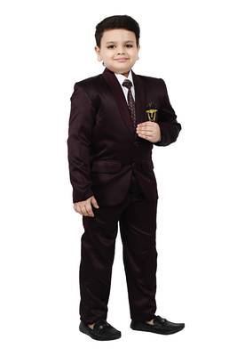 Boys 4 piece satin coat suit set - wine 3