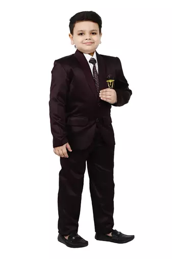 Boys 4 piece satin coat suit set - wine