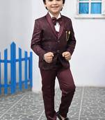 Boys full sleeves 5 piece jacquard coat suit set with bow tie - maroon