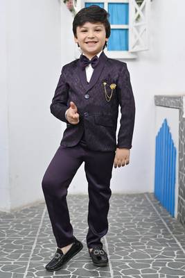 Boys full sleeves 5 piece jacquard coat suit set with bow tie - wine purple 1