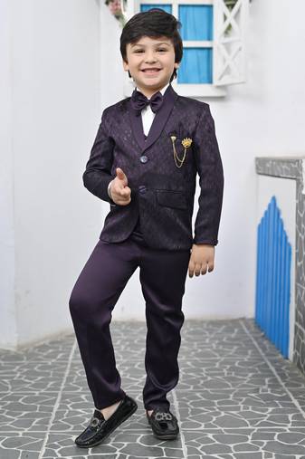 Boys full sleeves 5 piece jacquard coat suit set with bow tie - wine purple