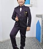 Boys full sleeves 5 piece jacquard coat suit set with bow tie - wine purple