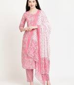 Vyomtara cotton cambric kurta pant set with dupatta | elegant printed kurta dupatta ensemble for women