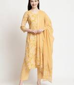 Yellow cotton cambric kurta pant set with dupatta