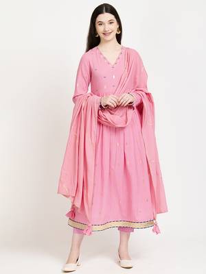 Vyomtara women's pink cotton lurex kurta set with pants & dupatta     3-piece ethnic ensemble 1