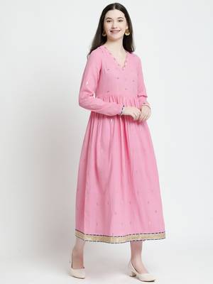 Vyomtara women's pink cotton lurex kurta set with pants & dupatta     3-piece ethnic ensemble 3
