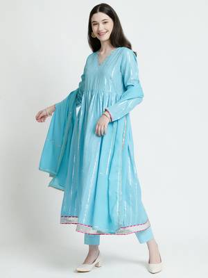 Vyomtara women   s sky blue cotton lurex kurta set with pants and dupatta - elegant 3-piece ensemble 1