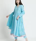Vyomtara women   s sky blue cotton lurex kurta set with pants and dupatta - elegant 3-piece ensemble