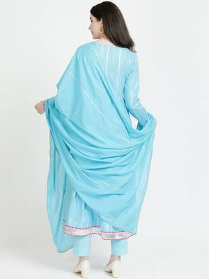 Vyomtara women   s sky blue cotton lurex kurta set with pants and dupatta - elegant 3-piece ensemble 2