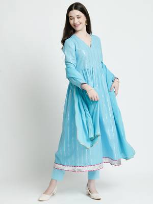 Vyomtara women   s sky blue cotton lurex kurta set with pants and dupatta - elegant 3-piece ensemble 3