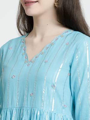Vyomtara women   s sky blue cotton lurex kurta set with pants and dupatta - elegant 3-piece ensemble 4