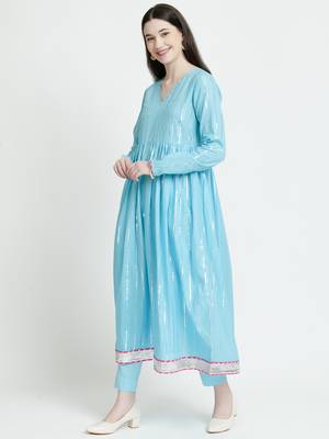 Vyomtara women   s sky blue cotton lurex kurta set with pants and dupatta - elegant 3-piece ensemble 5