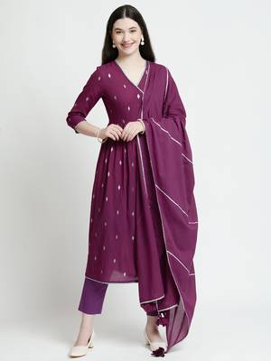 Vyomtara women's purple cotton lurex kurta set - 3-piece ethnic ensemble 1