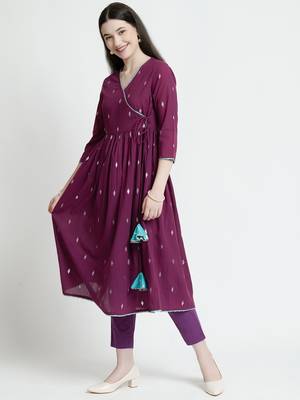 Vyomtara women's purple cotton lurex kurta set - 3-piece ethnic ensemble 3