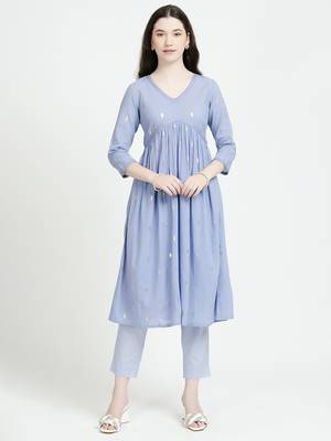 Vyom tara women   s light blue cotton lurex kurta and pant set: chic & comfortable 5