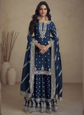 Blue real chinon embroidery designer sharara suit 1