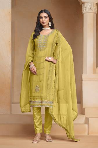 Salwar kameez embroidered organza chiffon in mustard